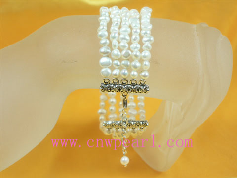 five rows 4-5mm double shiny white pearl jewelry bracelet